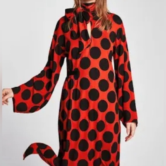 Zara Collection Woman Red Polka Dot Midi Dress V-Neck Bow Tie Long Sleeve M - Picture 1 of 9
